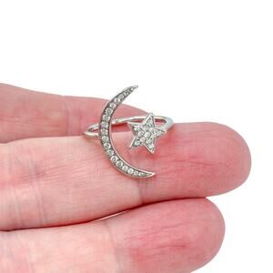 Cubic Zirconia Moon & Star Ring | Vintage Sterling Silver 925 | Celestial | 7.5